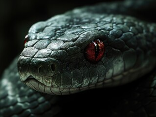 Obraz premium A detailed close-up image of a snake with its scales in focus and vivid red eyes that stand out against the dark background. The image highlights the beauty and intensity of the snake's presence.