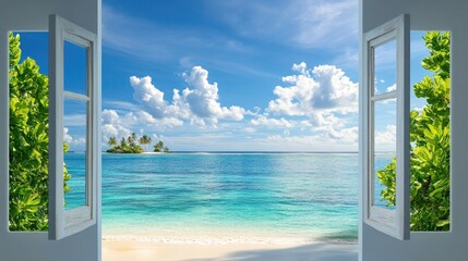 Scenic island view through wide window, beach and ocean in perfect harmony