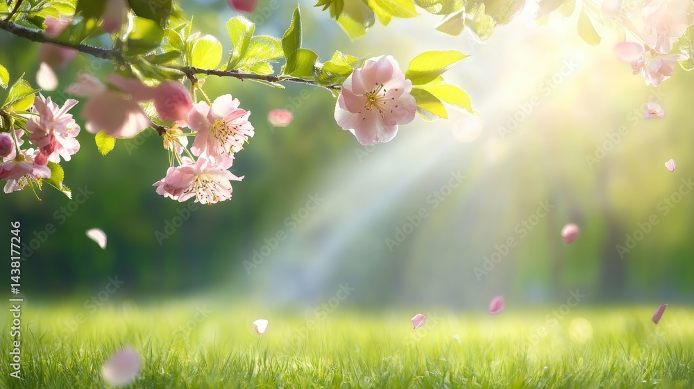 Poster Spring-themed image with pink blossoms emerging from leafy branch and soft background
