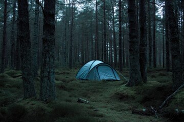 Tent in a misty forest
