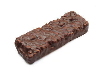 Rice bar covered in chocolate isolated on white background