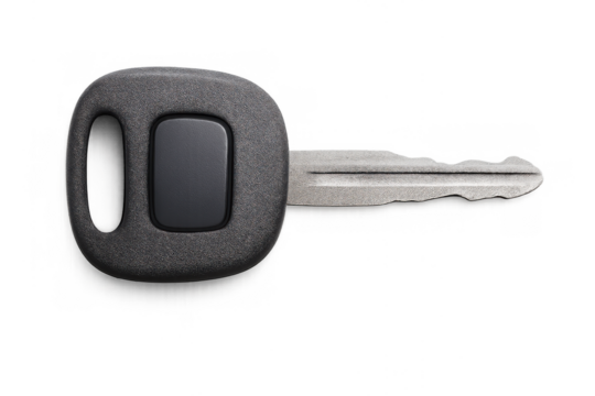 A modern car key with a black plastic head and metallic blade, featuring a single button.