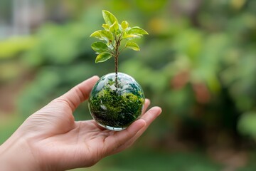 human hand holding young earth and plant in ecology and environment sustainable concept. Saving environment, save clean planet and net zero. World Earth Day and ESG and co2 concept