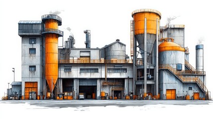 Obraz premium Industrial facility with orange silos and smokestacks, showcasing machinery and operations