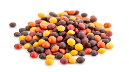 Colorful pile of candy-coated chocolate lentils on a clean white surface