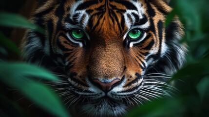 Fototapeta premium A close up of a tiger's face with green eyes