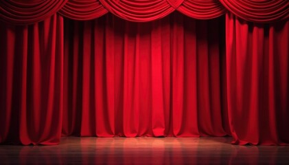 Fototapeta premium Crimson curtain, stage center, velvet texture, crimson, drama, design