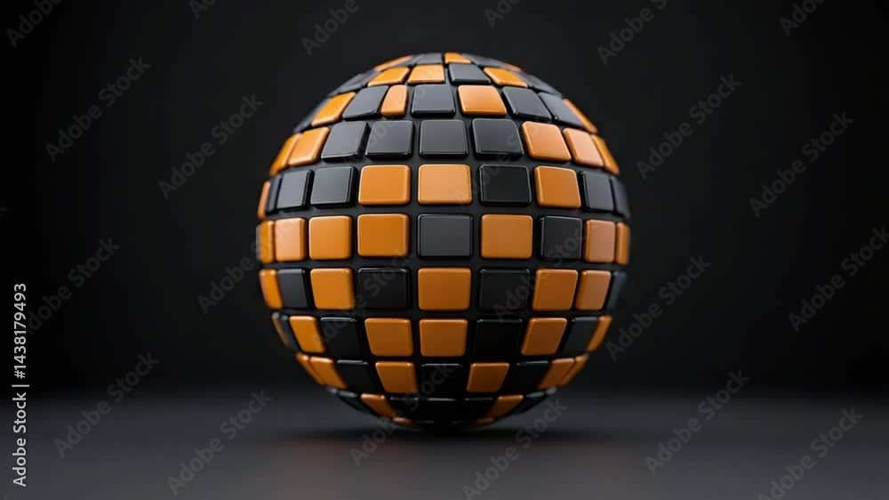 Poster abstract geometric composition with a spherical shape and orange-black color scheme for artistic and