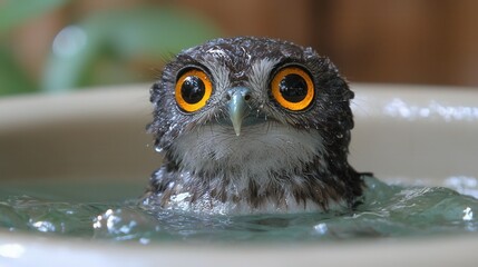 A small owl with orange eyes sitting in a bowl of water
