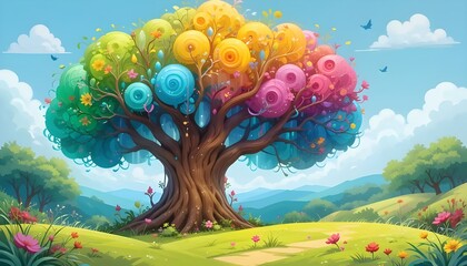 Stylized tree with bright colors and soft shapes, perfect for children’s storybook illustrations or educational visuals about nature and imagination.
