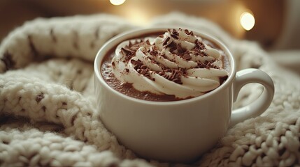 Cozy feelings and hot cocoa in a white cup