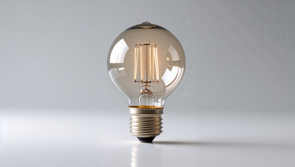 Retro style incandescent light bulb glowing warmly on bright minimalistic studio background.