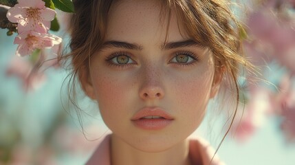 Fototapeta premium A woman with freckles standing in front of a flowering tree