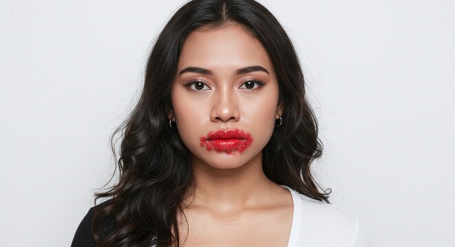 Young woman with facial cold sores isolated on white background symbolizing herpes simplex infection. Generative AI