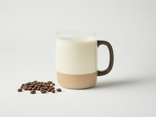 Image of a stylish latte glass containing a layered beverage, set against a contrasting background. The beverage features a visible cream layer on top and darker liquid beneath it, suggesting a