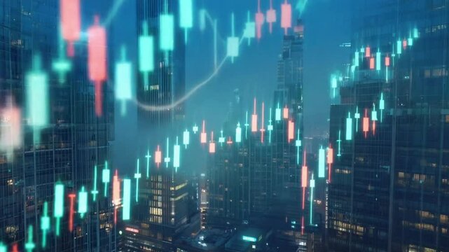 Stock market concept. Stock market tickers with a world map and stock indexes, graphs, charts. Digital animation of Stock market prices changing technology
