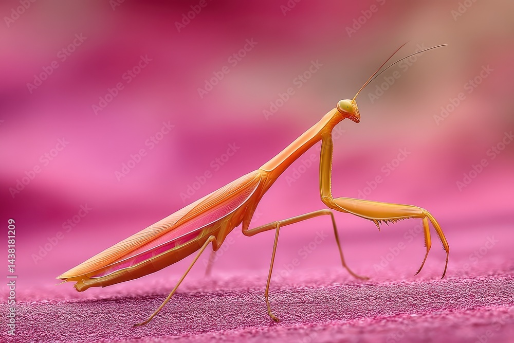 Poster bright pink praying mantis positioned on vibrant floral backdrop with extended limbs captured in sof