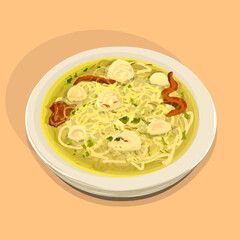 illustration of a bowl of beef meatball noodles on the table