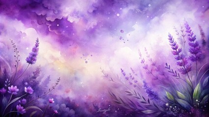 Watercolor Painting of a Dreamy Purple Landscape with Delicate Lavender Blooms and White Clouds