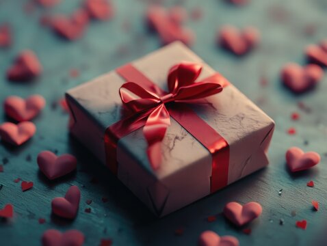 Digital image with a close-up view of a present with a large ribbon and small red hearts scattered around it.