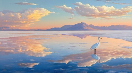 Serene Sunset Reflection: A Great Egret's Peaceful Solitude