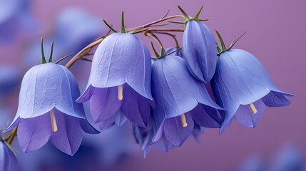 Bellflower bloom Purple petals of delicate bell-shaped flowers with yellow centers against a soft background
