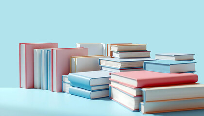 Minimalist Composition of Stacked and Open Books on Light Blue Background