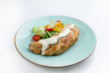 a dish with chicken meat on a white background. Dietary, children's diet