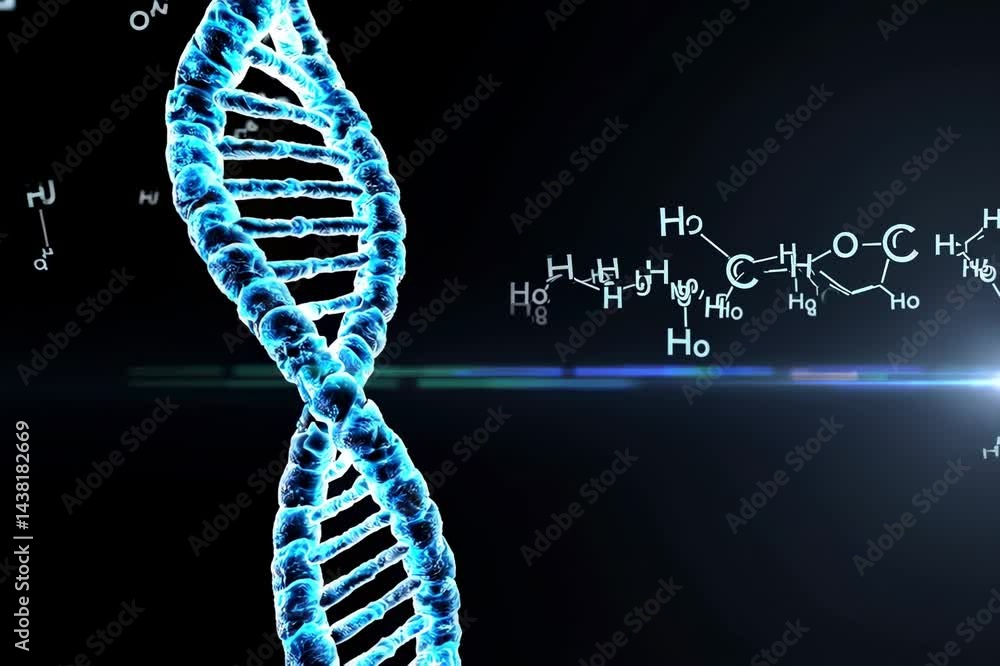 Aufkleber animation of a dna strand with chemical symbols and data processing set against a black background