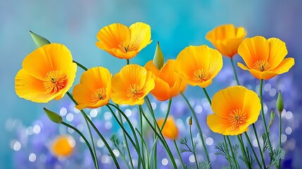 Yellow flowers bloom with grace against blue. Stems point upwards into a magical bokeh background