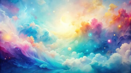 A celestial dreamscape of swirling clouds, ethereal light, and distant stars, painting a vibrant picture of a fantasy world.