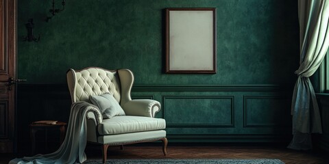 This is a hauntingly beautiful image of a luxurious Victorian living room, steeped in a gothic aesthetic. The room features high ceilings and ornate wallpaper, with large mirrors reflecting the dim