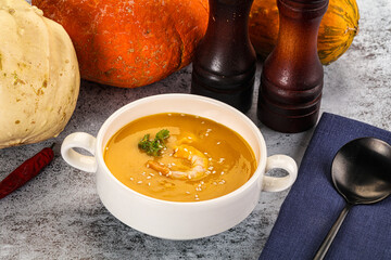 Pumpkin cream soup with prawns