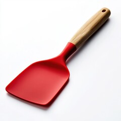 Red silicone spatula with wooden handle kitchen utensil on white background