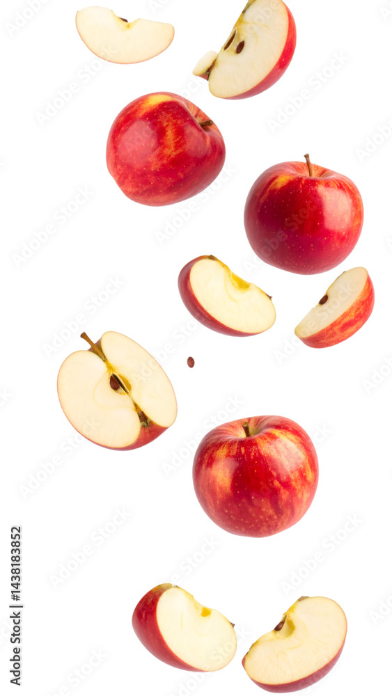 Poster fresh red apples and apple slices falling on transparent background