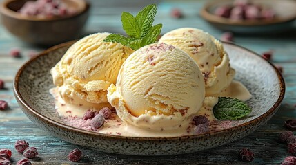 Three scoops of ice cream on a plate with mint leaves