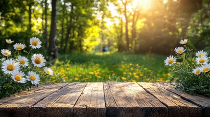 A wooden table with daisies in the middle of a field