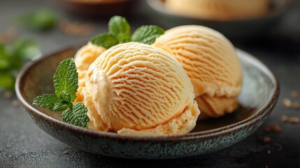 Three scoops of ice cream in a bowl with mint leaves