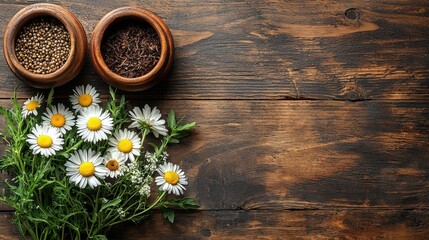 A bunch of daisies next to a bowl of seeds on a wooden table