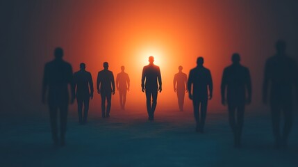Fototapeta premium Silhouetted Figures Walking Towards Glowing Light, Concept of Progress and Enlightenment