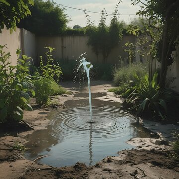 "Image r&eacute;aliste d'un jardin o&ugrave; un tuyau d'arrosage oubli&eacute; continue de d&eacute;verser de l'eau sur une pelouse d&eacute;j&agrave; d&eacute;tremp&eacute;e. L'eau forme des flaques inutiles, tandis que certaines plantes fanent malgr&eacute; tou