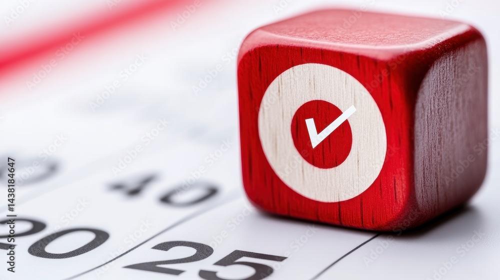 Poster red wooden block with check mark on a calendar page.