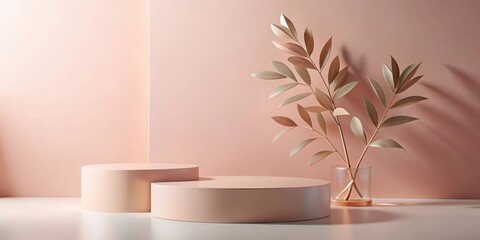 Minimalist product display with two circular platforms and delicate leaves in a glass vase on a soft blush pink background.