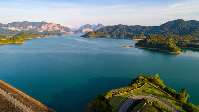 Aerial view of a dam at surat thani Thailand