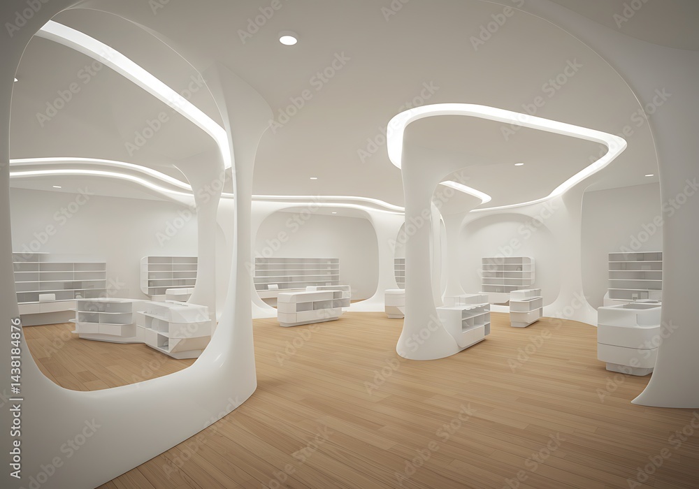 Poster futuristic retail space with fluid architecture and minimalist design elements