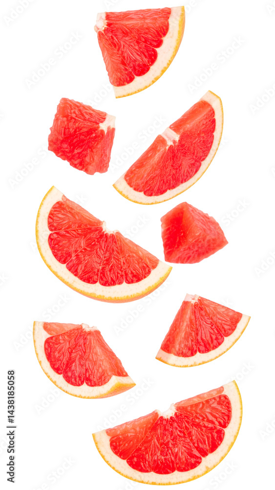 Poster slices and segments of fresh grapefruit falling chaotically on a transparent background, creating a 