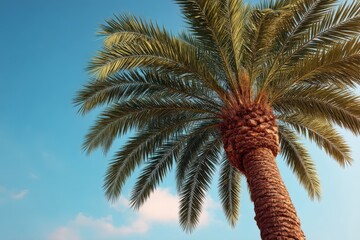 Palm tree with vivid green fronds under blue sky captured from low angle presenting tropical climate and natural outdoor scenery in bright light and clear weather view