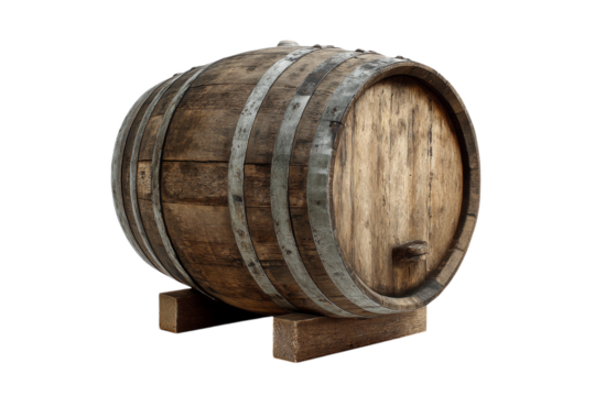 Realistic wooden barrel illustration on transparent background, perfect for wine, beer, or whiskey themes. Ideal for rustic, vintage, or brewery designs, enhancing any creative project.