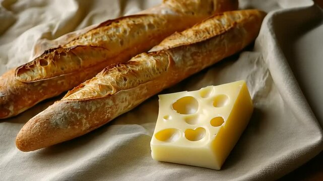Freshly baked baguettes and a slice of cheese on a soft cloth, ideal for a rustic meal setting