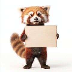 A red panda holding an empty board, messy fur, wistful posture, whimsical cartoon art, isolated on white background.